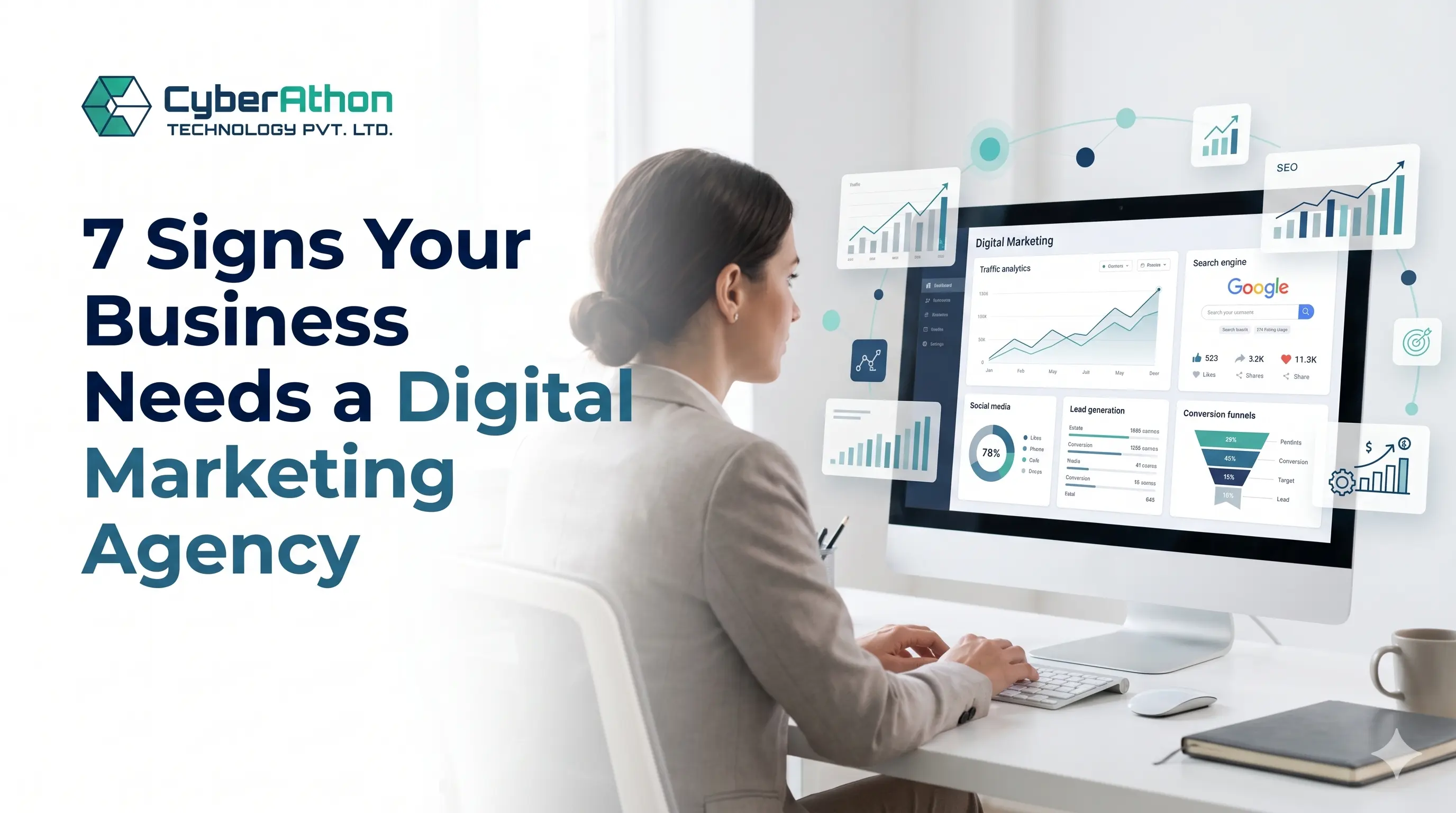 Business owner reviewing SEO, website traffic, and digital marketing performance analytics